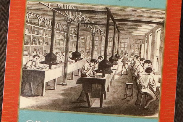 Extract from book cover showing people working in old publishers