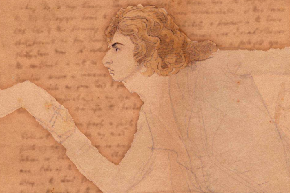 Old drawing of Robert Southey against handwriting