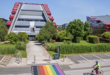 An image of jubilee campus with rainbow coloured crossing