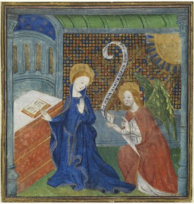 Two women, one in a blue dress and the other wearing white and terracotta robes, with halos talk with an open book behind them. Brightly coloured edieval painting.