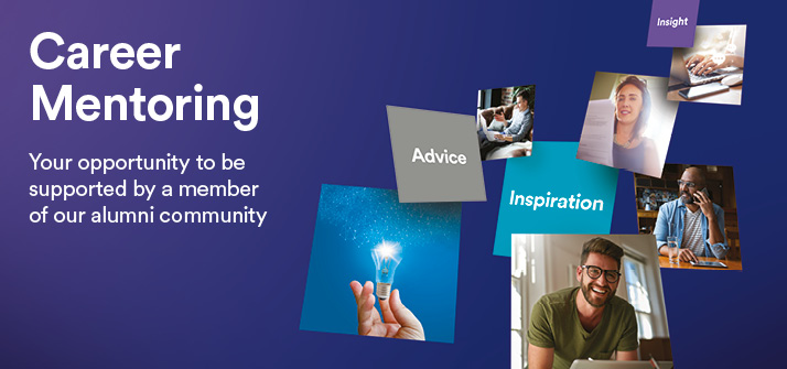 Promotion image of career mentoring showing student mentees and action words such as 'advice'