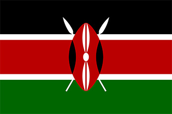 Kenyan flag - black, red and green vertical stripes with shield and spears in middle