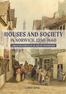 Image of book cover featuring a painting of a narrow medieval street filled with people, withthe title in blue over the top