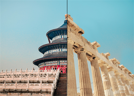Two photos spliced together with a black line down the centre - on the left is a Chinese pagoda and on the right is the Parthenon.