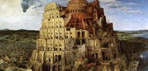 The Tower of Babel, a painting of a giant sand coloured tower being built high over an ancient city towards the sky