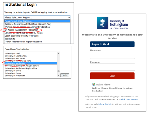 Screenshot showing Institutional login options and the University login screen - highlights selecting "UK Access Management Federation" from a regions list and "University of Nottingham" from institutions list.