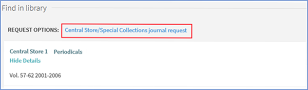 Screenshot of Find in Library section highlighting Central Store/Special Collections journal request option