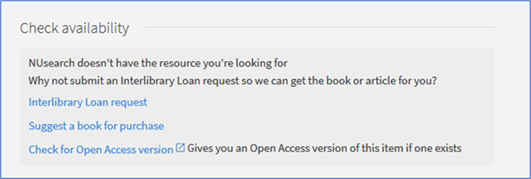 Check availability section of full article record giving options for interlibrary loan, suggestion for purchase and check for open access versionggestion
