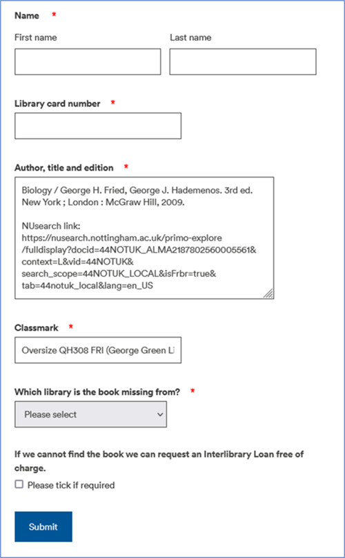 Screenshot of the Missing books form