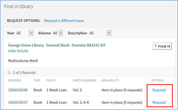 Screenshot showing a multivolume book highlighting the Request option next to each volume