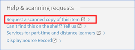 Screenshot of Help & scanning requests section with the "Request a scanned copy of this item" option highlighted