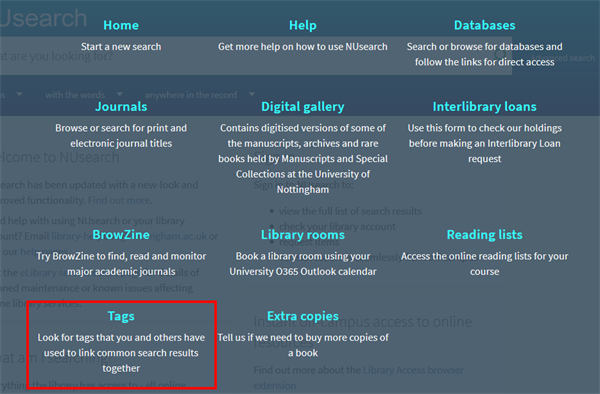 Screenshot of NUsearch main menu showing Tags menu option highlighted