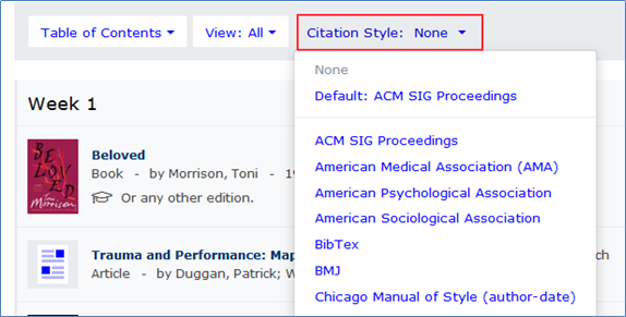 Reading list showing the Citation style menu