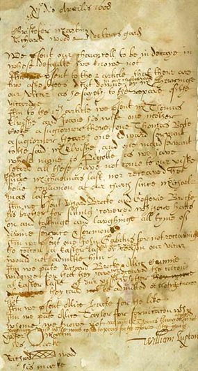 Presentment Bill relating to Thomas Helwys, Basford parish, 1608 AN/PB 294/2/100