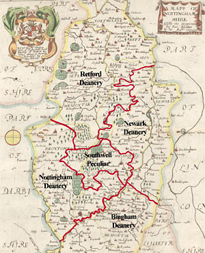 Map of Nottinghamshire (Bre 5), annotated by Manuscripts and Special Collections staff to show approximate deanery boundaries