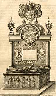 Engraving of a monument to Sir Henry Pierrepont in Holme Pierrepont Church, by R. Hall dated 1676