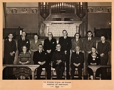 Photograph of Rev. R.K. Ross and the Deacons of St Ann's Well Road Congregational Church in 1954 (CU/Z1/P/1)