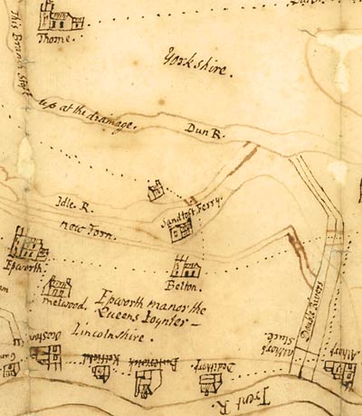 Detail of map drawn on paper, showing rivers, drains and banks