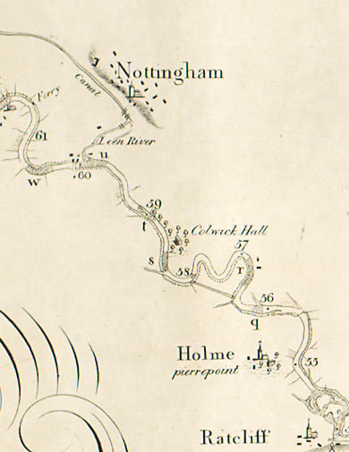 From a map showing the course of the River Trent, this small section shows the river between Nottingham and Ratcliff