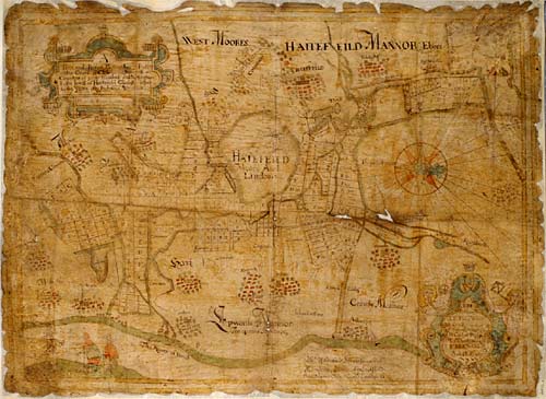Plan drawn onto parchment showing stylised views of villages, and showing rivers, watercourses, bridges and sluices