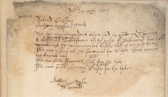 Churchwarden presentment bill naming Thomas Helwys ('Elvishe'), Bilborough parish, 1607 (AN/PB 293/7/24)