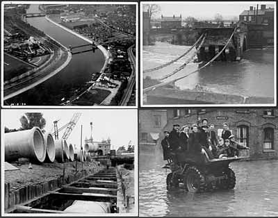 Photographs showing the river Trent, a collapsed bridge, pipes being laid near Derby Road and residents being evacuated from floods