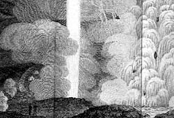 Black and white drawing of great clouds around a huge jet of steam