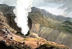 Colour illustration showing a couple of men standing near a jet of steam rising from the ground