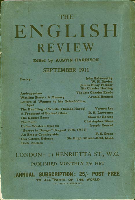 Cover of The English Review from 1911, which lists 'A Fragment of Stained Glass' by D. H. Lawrence in the contents