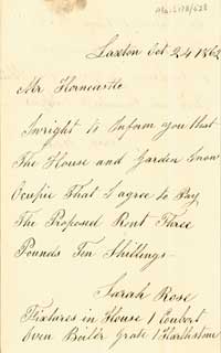 First page of letter from Sarah Rose describing her cottage, 1862