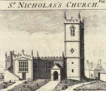 Illustration of St Nicholas's Church, published in 1751