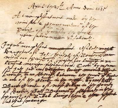 Presentment Bill relating to a clandestine marriage from 1635