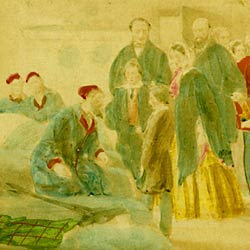 watercolour of Florence Nightingale and some visitors in a ward of war wounded