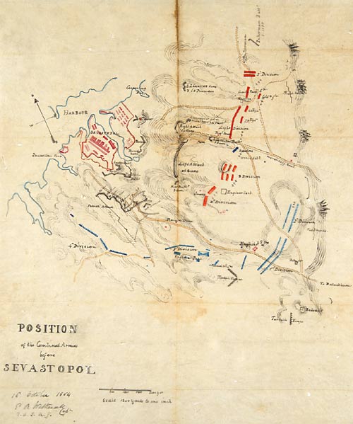 Ne C 9889/2 - Map showing the 'Position of the Combined Armies before Sevastopol' by Captain E.B. Wesherally[?]; 16 Oct. 1854