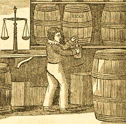 Engraving showing a boy taking beer from a barrel, from The Child's Arithmetic: A Manual of Instruction for the Nursery and Infant Schools (London: William S. Orr and Co., 1837)