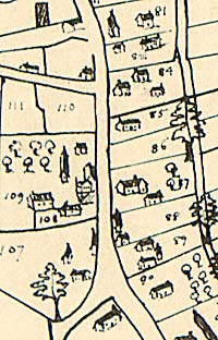 Detail from 1635 map showing houses in middle of village