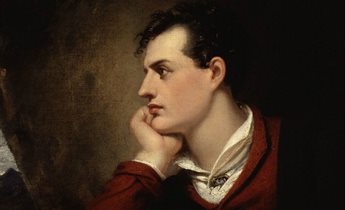 Painting of a man's head and torso in profile (Byron). He is wearing a shirt beneath a red jacket and has black curly hair and a fine, pale complexion.. George_Gordon_Byron,_6th_Baron_Byron_by_Richard_Westall