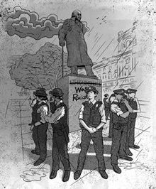 Illustration of police officers protecting a statue of Winston Churchill.