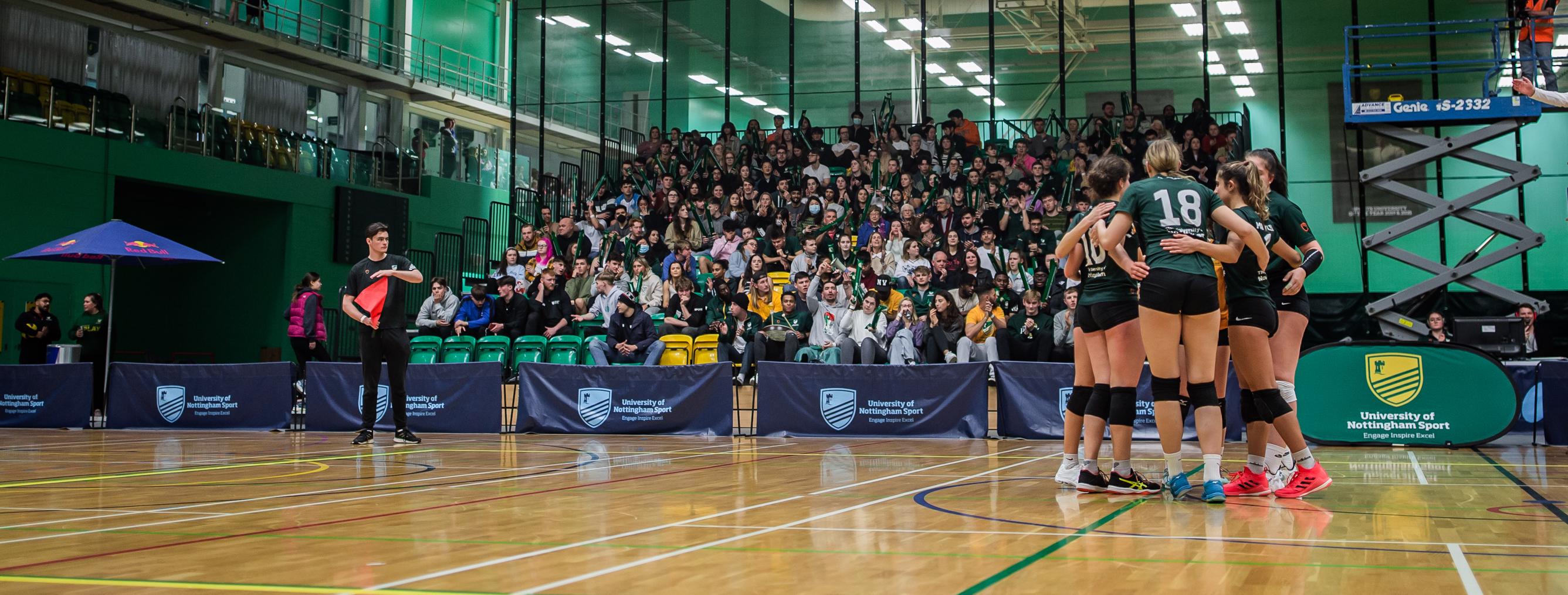 University of Nottingham Women's Volleyball team in front of the Headliner crowd
