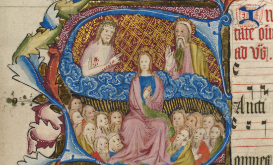 Extract from medieval illuminated manuscript showing group of people around letter S