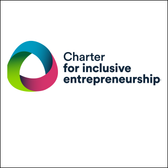 Charter for inclusive entrepreneurship logo. Blue red and green rounded triangular shape with the the words Charter for inclusive entrepreneurship sitting to the right of it.