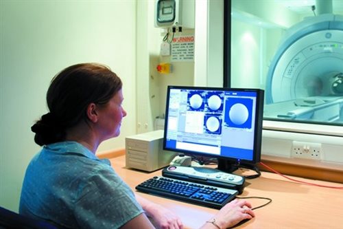 A doctor reviewing results from an MRI scan on a computer.