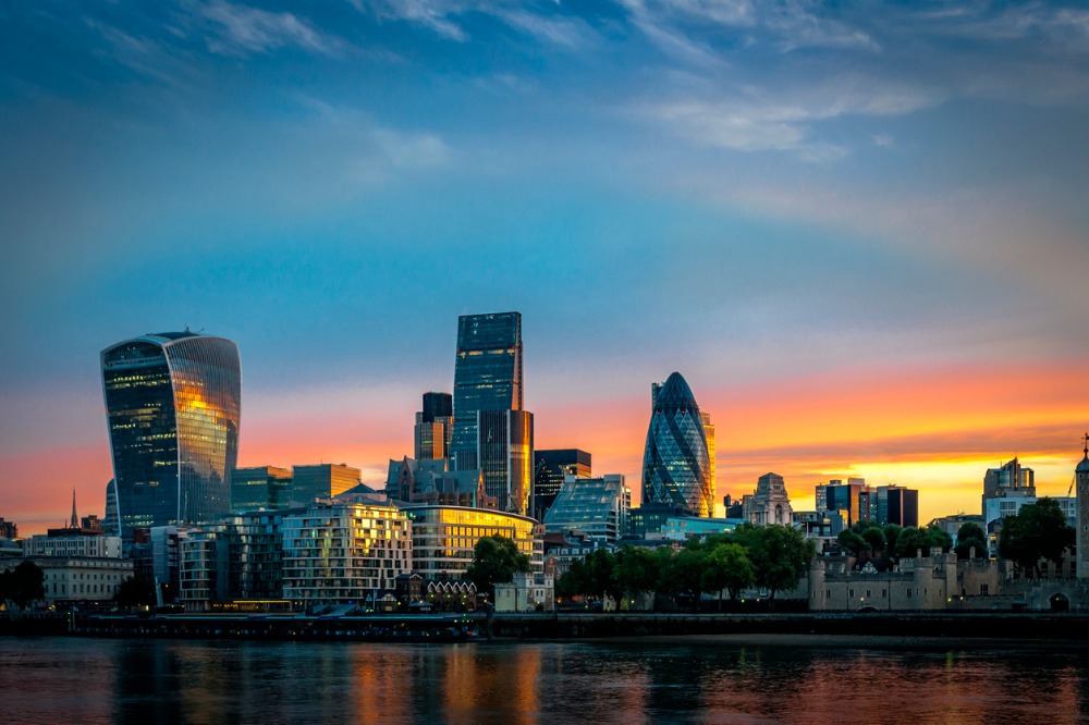 The skyline of London, England, at sunrise