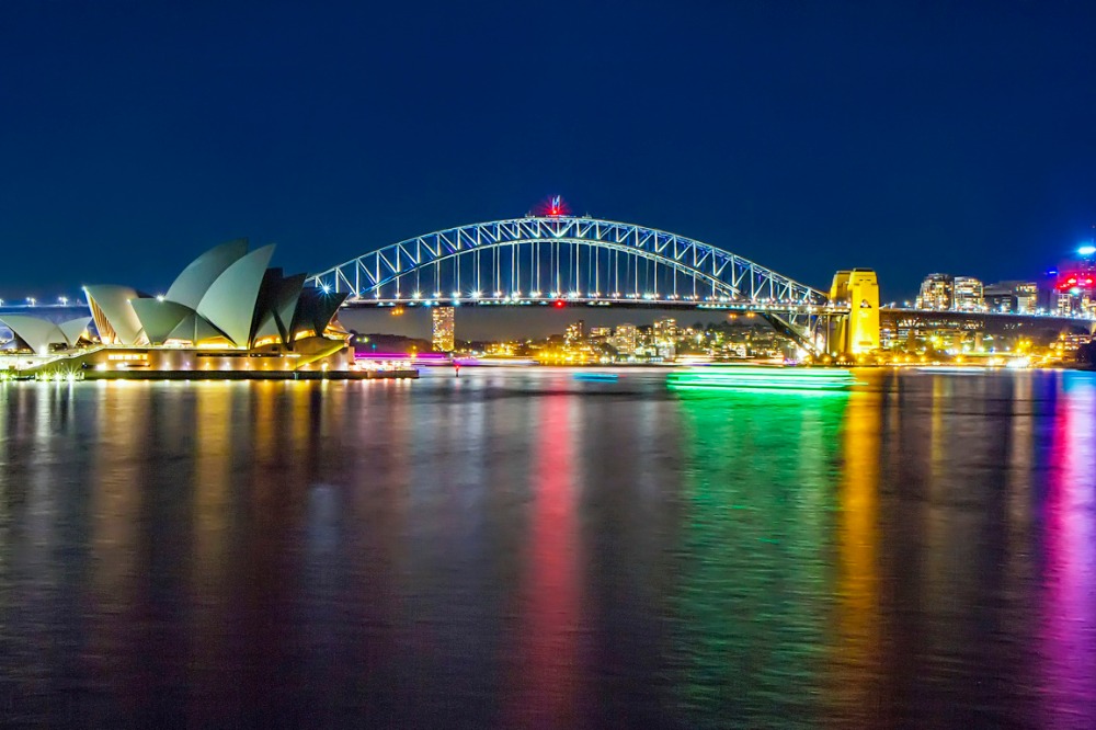Panorama of Sidney by night (Vivid Light), the Opera House, Harbour Bridge