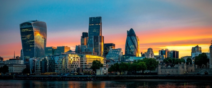 The skyline of London, England at sunrise