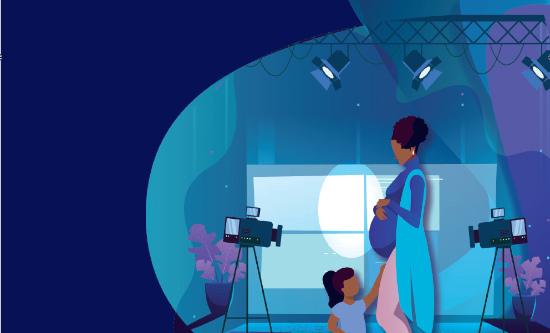 Illustration of a brown, pregnant TV and film worker and a child on a filming set