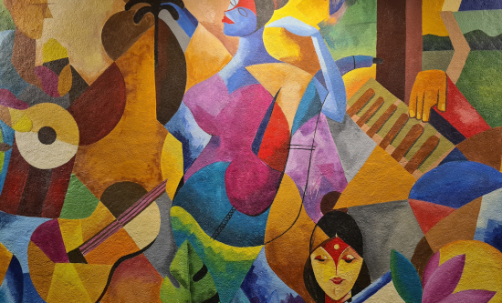 A colourful, abstract painting of women
