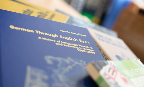 A foreign language book on a desk