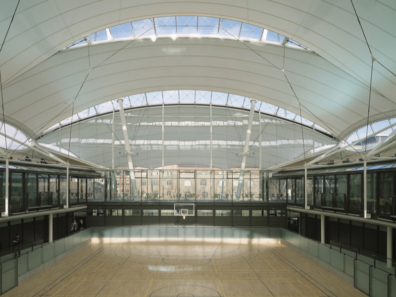 A view of the finished Castle Meadow Campus from inside the Central building, with focus on the inside of the white, tent-like roof
