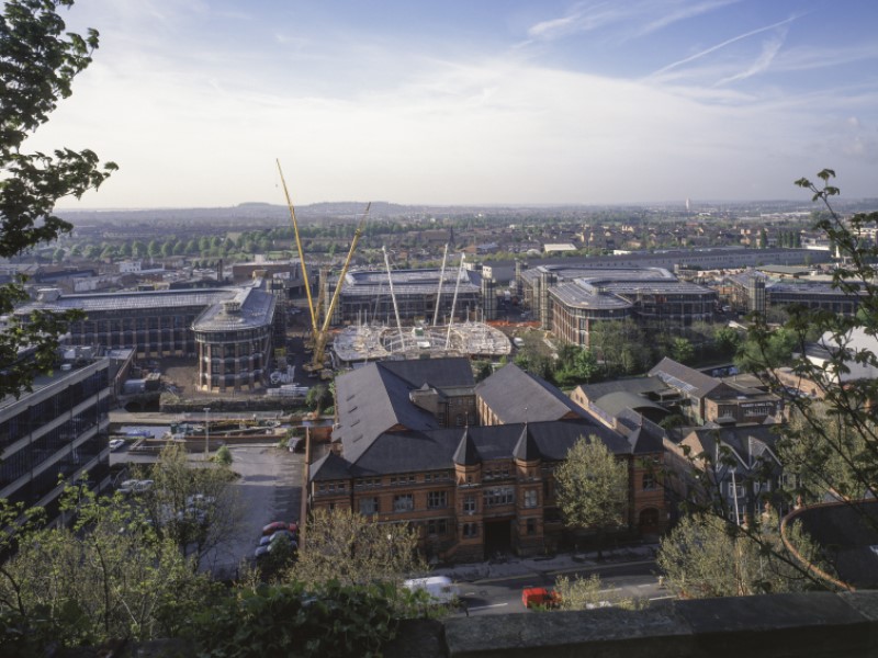 A panaroma of the construction at Castle Meadow Campus from Nottingham Castle